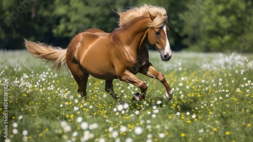 A spirited palomino horse trots energetically in a lush meadow dotted with white flowers, embodying grace and vitality.