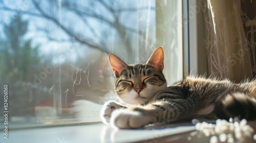 A content tabby cat sleeps soundly on a sunny window sill, with light casting warm glows on its fur and whiskers.