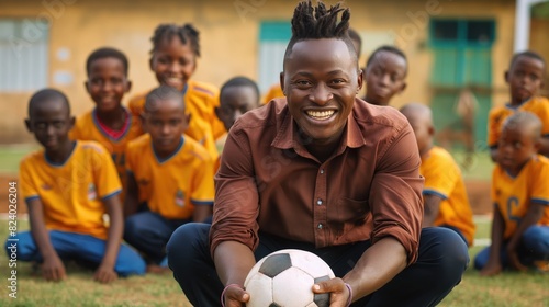 A man is kneeling holding a soccer ball in front of kids, teaching his pupils