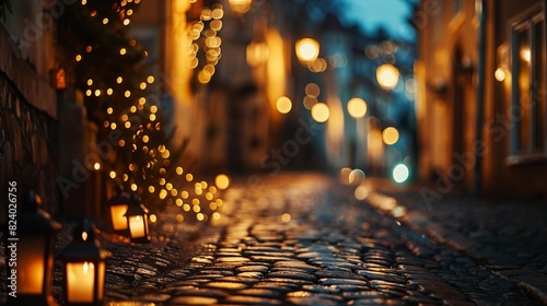 Cobblestone Street with Warm Lanterns and Bokeh