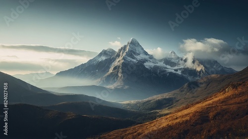 A mountain landscape with a cloudy sky and a snowy mountain in the background.