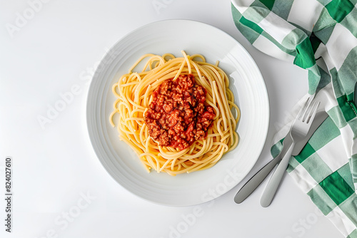 Spaghetti bolognese na białym talerzu, obok serwetka w biało-zieloną kratę i nóż oraz widelec