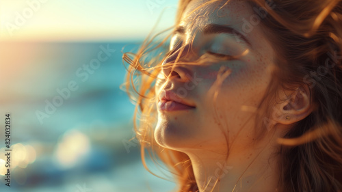 Woman with flowing hair savoring the ocean breeze at sunset, embodying freedom and joy.