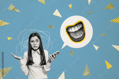 Composite photo collage of young girl hold iphone receive threat message grin mouth cyberbully hate concept isolated on painted background