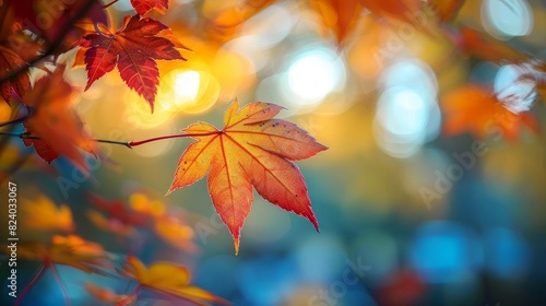 Describe a peaceful autumn equinox evening, with leaves changing color and a calm balance in the crisp air, Close up