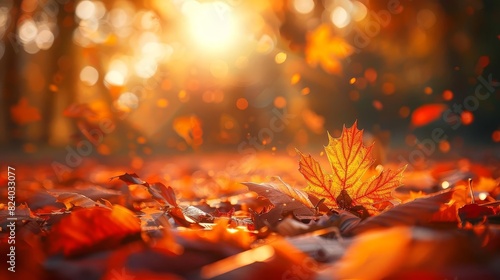 Describe a peaceful autumn equinox evening, with leaves changing color and a calm balance in the crisp air, Close up