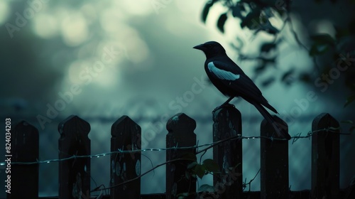 Magpie perched on the fence in low light conditions