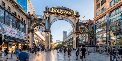 Bollywood Theme Park Entrance: An Iconic Gateway to Entertainment and Indian Cinema Culture, Featuring Statues and Architectural Landmarks that Celebrate Bollywood's Vibrant Spirit, Generative AI