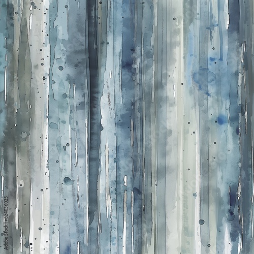An abstract rendition of a rainstorm, with streaks of watercolor in various shades of blue and grey running vertically down the canvas, interspersed with splatters that mimic raindrops.