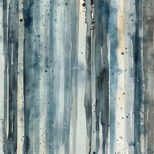 An abstract rendition of a rainstorm, with streaks of watercolor in various shades of blue and grey running vertically down the canvas, interspersed with splatters that mimic raindrops.