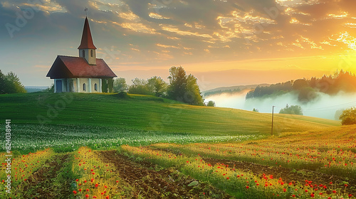 illustration rural landscape with a chapel