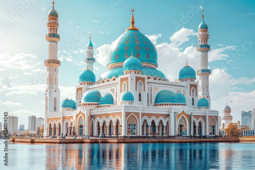 Beautiful mosque with blue domes reflecting in tranquil water