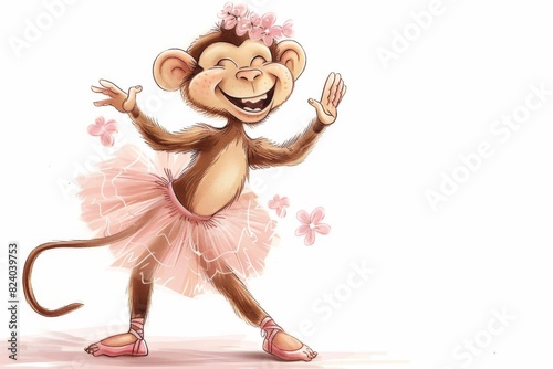 A delightful illustration of a merry monkey dressed in a pink tutu and ballet slippers, radiating happiness and laughter against a pristine white background.