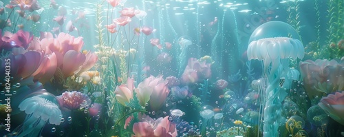 Underwater scene with glowing jellyfish and purple flowers.