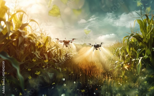 Drones spraying herbicide in a corn field, agricultural technology concept. The drones are spraying in the style of gardenape in the field to control weeds