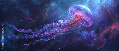 In the mysterious depths of the ocean, a jellyfish glowed with neon hues, floating gracefully like an otherworldly beacon