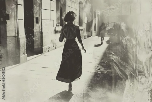 elegant young woman walking in european street monochromatic 1948 vintage scene ai generated