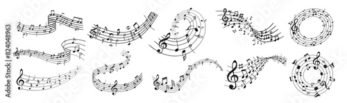 Music notes wave isolated, group musical notes background. Musical notes melody on transparent background