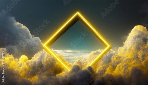 Yellow neon light geometric frame in the clouds, abstract background, illustration.