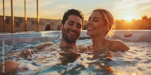 Young couple enjoying a romantic moment in a hot tub during sunset, smiling and relaxing together