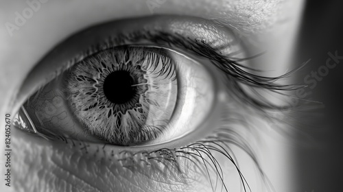 Black and white macro shot of a human eye. High contrast close-up photography of eye details