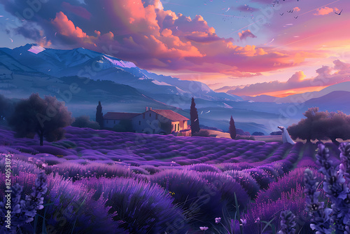 A vast lavender field in full bloom under a clear sky