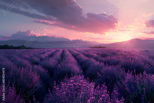 A vast lavender field in full bloom under a clear sky