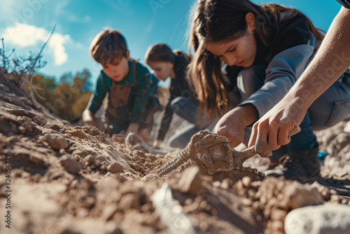 Junior paleontologists excavating fossils at a dig site, carefully brushing away dirt to uncover the remains of ancient creatures. Concept of paleontology and fossil discovery. Generative Ai.