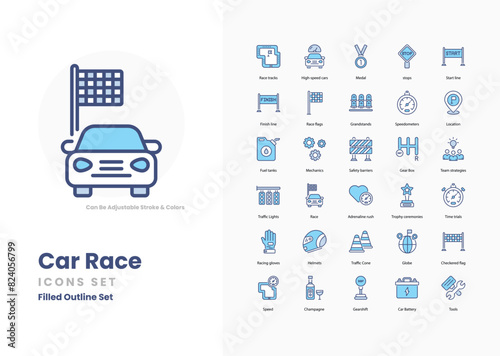 Car racing icons collection. Set contains such Icons as racecar, speed, finish line, checkered flag, pit stop, helmet, racing suit, track, grand prix, lap, and more