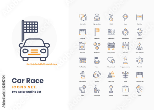 Car racing icons collection. Set contains such Icons as racecar, speed, finish line, checkered flag, pit stop, helmet, racing suit, track, grand prix, lap, and more