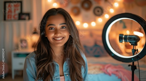 The picture of the south asian female working as the social influencer inside her own room, the social influencer require skill like social media management, marketing, engagement, creativity. AIG43.