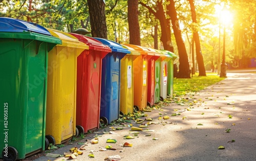 Colorful recycling bins lined up along a sunlit park pathway.