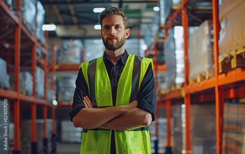 Confident worker in a reflective vest stands in a warehouse.