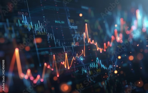Dynamic financial graphs with glowing elements on a dark background.