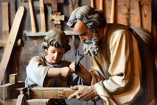 Saint Joseph of Nazareth teaches young Jesus Christ carpentry in a workshop filled with tools and wood. Ideal for Father's Day or religious holidays like Saint Joseph the Worker.