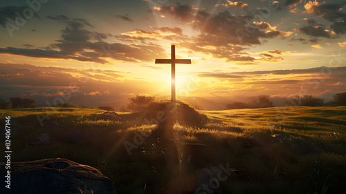 Cross silhouetted at sunset in a serene field, perfect for ascension day, christian easter, or religious faith themed designs.