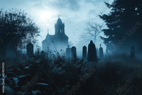 Misty Cemetery at Dawn with Silhouettes of Monks Walking Towards a Gothic Church