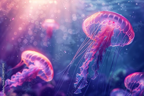 ethereal underwater scene with graceful jellyfish and shimmering light rays dreamy ocean illustration