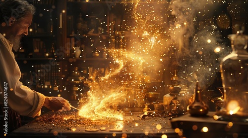 Describe a scene of an alchemist transmuting base metals into gold, with sparks flying and magical energy swirling around, Close up