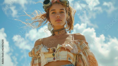 A robot with a boho headband, flowing peasant blouse, and wide-leg jeans under a sunny sky