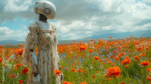 A robot in a boho-chic maxi dress with paisley prints, standing in a flower-filled meadow