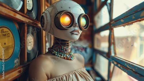 A robot wearing a flowy bohemian skirt and off-shoulder top with beaded jewelry, amidst vintage record albums