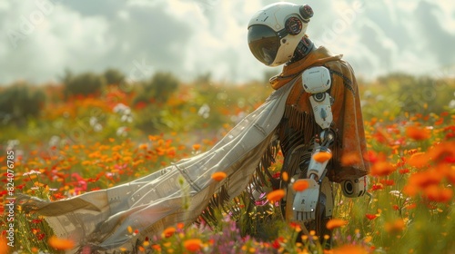 A robot wearing a fringed suede jacket and patterned maxi skirt, dancing in a field of wildflowers