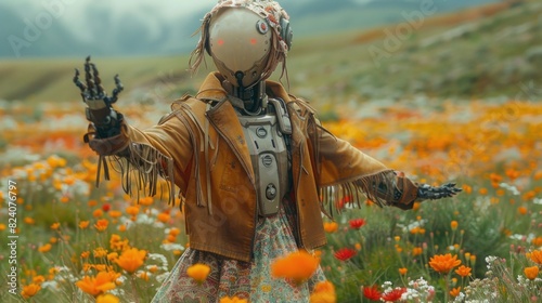 A robot wearing a fringed suede jacket and patterned maxi skirt, dancing in a field of wildflowers