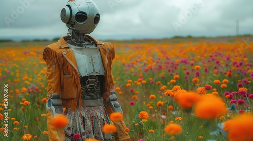 A robot wearing a fringed suede jacket and patterned maxi skirt, dancing in a field of wildflowers