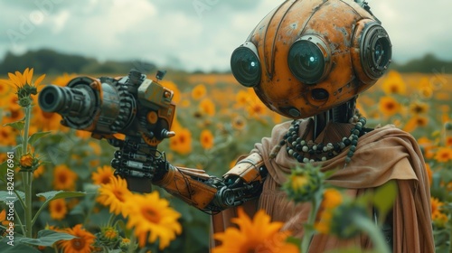 A robot dressed in a flowy boho maxi dress and beaded bracelets, walking through a sunflower field