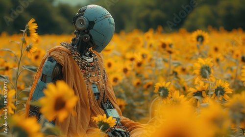 A robot dressed in a flowy boho maxi dress and beaded bracelets, walking through a sunflower field