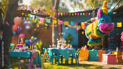 A children's birthday party setup with themed decorations and a large pi?+/-ata hanging