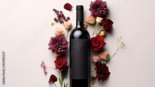 A bottle of wine is surrounded by flowers, creating a romantic