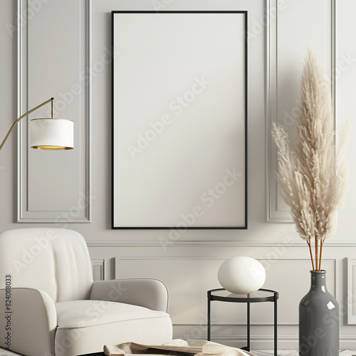 A1 Frame mockup, blank poster , in a living room, natural lighting, wide angle lens, form an angle, soft tones, elegant decoration